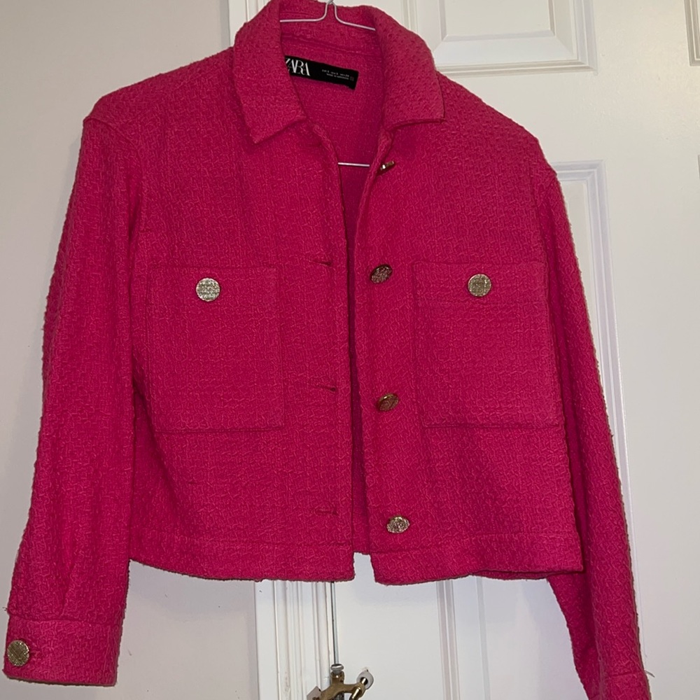 ZARA Cropped Tweed Jacket Textured Knit Boxy Pocket Overshirt, S, Hot Pink